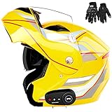 Bluetooth Integrierter Modularer Flip-Up Integralhelm Motorradhelm Sonnenschutz Motocross Helm Für Männer Frauen DOT/ECE-Geprüfte Motorradhandschuhe/Wasserdicht/3000 Mah/Handy/MP3,Gelb,XL