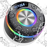 Bluetooth Lautsprecher Dusche, Musikbox bluetooth mit RGB Lichtshow, IP7 Wasserdichter Bluetooth Duschlautsprecher mit Saugnapf, Tragbare Speaker mit Stereo Sound, Freisprecheinrichtung und Mik