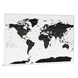 Leinwand Weltkarte Pinnwand Zum Pinnen - Zum Aufhängen bereites Wandbild, Gemacht für Pinnig - Schwarz und Weiß - 3 Größen zur Auswahl (100x70, 120x80, 150x100 cm)