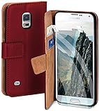moex Handyhülle für Samsung Galaxy S5 Mini - Hülle mit Kartenfach, Geldfach und Ständer, Klapphülle, PU Leder Book Case und Schutzfolie - Weinrot