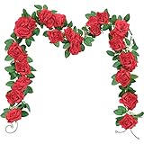 SHACOS 3 Stück Kunstblumen Seidenblumen Girlande Vintage Künstliche Blumen Rosen Rot Blumengirlande Künstlich 6Meter Lang Rosengirlande Rot Hochzeit Party Dekor