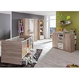Lomadox Babyzimmer Set 10-teilig in Eiche mit weiß, inkl. Wickelkommode, Unterschrank Regale, Wandboard, Standregal, Kleiderschrank, Garderobenstange, Gitterbett, Bettseiten, Bettschubk