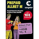 congstar Prepaid ALLNET M Sim-Karte ohne Vertrag I Allrounder Prepaid-Paket in D-Netz-Qualität I 4  GB LTE mit 25 Mbit/s + 10€ Startguthaben I Telefonie & SMS Flat in alle dt. Netze I EU-Roaming inkl.