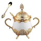 Luxus Porzellan Zuckerdose mit Deckel und Löffel, Gold Zuckerbehälter Schokoladenhalter Fancy Bar Set Salz Pfefferschalen Kaffee Tee Zubehör Zuckerdosen Küche Salzschale Deko Süßigkeitenhalter