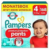 Pampers Baby Windeln Pants Größe 4 (9-15kg) Premium Protection, Maxi mit Stop- und Schutz Täschchen, MONATSBOX, 168 Höschenwindeln