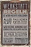 Wetterfestes Blechschild Werkstatt Schild - WERKSTATT Regeln und Gesetze - Lustiger Spruch, Garagen und Schrauber Deko - 30 x 20