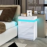 Hochglanz-Nachttisch 3 Schubladen Moderner Nachttisch Nachttisch mit LED-Leuchten für Schlafzimmer Wohnzimmer 67 x 45 x 35 cm (Weiß)