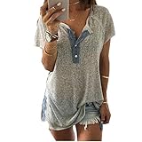 YEBIRAL T-Shirt Damen Sommer Frauen lose beiläufige Große Größe Kurzarm Mit Knopf Basic Bluse Tee Tops Baumwollshirt(EU-46/CN-3XL,Grau)
