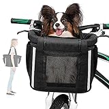 ANZOME Fahrradkorb für kleine Haustiere, zusammenklappbar, abnehmbare Lenkertasche, mit Hundematte, Sicherheitsgurt, Netzfenster, horizontaler Schnellverschluss, Hybrid-Fahrräder, Picknick, Einkaufen