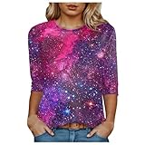 Tshirt Damen 3D Galaxy Shirts Basic Kurzarm Rundhals Sportshirt Glitzer Galaxie Druck Oberteile Sternenhimmel Sommershirts Teenager Mädchen Oberteil Shirt Longshirt Silvester Aesthetic B