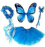 Tante Tina Schmetterling Kostüm Mädchen - 4-teiliges Mädchen Kostüm Schmetterling mit Tüllrock , Flügel , Zauberstab und Haarreif - Monarchfalter Blau - geeignet für Kinder von 2 bis 8 Jahren