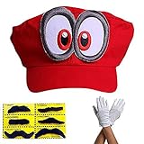 thematys® Super Klempner Mütze - Set mit 1x Handschuhen und 6X Klebe-Bart - Kostüm für Erwachsene & Kinder - perfekt für Fasching, Karneval & Cosplay - Augen (Style001)