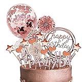 Tortendeko Rosegold Geburstagstorte Happy Birthday Kerzen Konfetti Luftballon Sterne Glizter Cupcake Topper, Tortendeko für Kinder, Mädchen,Baby Party Tortendeko Kuchendeckel (Rose Gold)