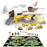 Veluoess Transport Flugzeug Spielzeug, Flugzeugspielzeug mit 6 Mini-Bauwagen und Szenenspielmatte Auto Flugzeug Spielzeug für Kinder 3+
