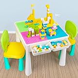 AMOSTING Farbige Kindertisch mit Stühle, Höhenverstellbarer Kinder Tisch Stuhl Set mit 100 Stück Bausteine Multifunktionaler Spieltisch Kinder zum Spielen, Essen, Lernen, Lagern, Sand Machen