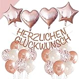 LumeeStar Herzlichen Glückwunsch Geburtstags-Dekoration mit Glitzer-Girlande auch Konfirmation Hochzeit Jubiläum Rente - Rosegold - Deko Set für Konfetti Luftballons Herzen Sterne