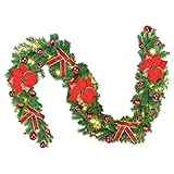 AufuN Weihnachtsgirlande Türkranz mit LED Lichterkette, Tannengirlande mit Bowknot Rot Kugeln Blume, Weihnachtskranz Künstlich, Fenster Dekoration Weihnachts Zubehör(500cm+75LEDs)