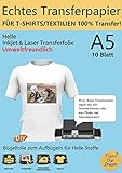 TransOurDream ECHTE Inkjet/Laser Transferfolie Transferpapier,DIN A5X10 Blatt,Bedruckbare Bügelfolie für helle T Shirts/Textilien,Folie für Tintenstrahldrucker und Laserdrucker(2.0-A5-10)