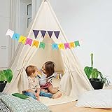 Kinder-Spielzelt Tipi Kinderzelt aus 100% Naturmaterialien; Kinderzimmer Indianer-Zelt aus Baumwolle & Holz für Drinnen & Draußen (Beige)