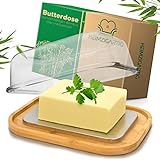 HEIMZIGARTIG® Hygienische Butterdose aus Glas mit Edelstahl Bambus Deckel - Nachhaltige Butter-Box Butterglocke Butterschale Holz Butter Dose für 250g Butter - Tolles Geschenk für Frauen Mama Oma