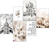 artpin® Moderne Poster Set - Bilder Wohnzimmer Deko Schlafzimmer - Paris Blumen schwarz weiß Beige Bilderwand ohne Rahmen (4x A4 | 2x A5) W14