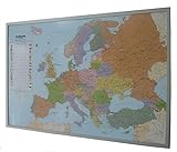 Politische Europakarte auf Kork-Pinnwand, deutsch, 90x60cm: Europakarte zum Pinnen, Maßstab 1:10.350.000 Mio., mit 12 Pinnfähnchen mit silberfarbenen ... 12 Pinnfähnchen mit silberfarbenen Holzrahmen