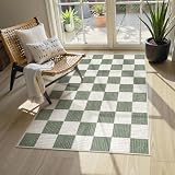 LIVEBOX Teppich für Eingangsbereich, 7,6 x 12,7 cm, waschbar, kariert, rutschfest, klein, grün, neutral, klassisches geometrisches Muster, Teppich für Schlafzimmer, Wohnzimmer, Hochflor-Teppich fü