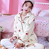 STJDM Pyjama,Pyjama Sets Damen Coral Fleece Soft Warm Komfortable Elegante Nachtwäsche Bedruckte Verdickung Korean Style XL Beige