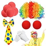 XINRANFF Clown Kostüm Set, 12 Stück Clown Kostüm Fasching, Clown Lockenperücke, Krawatte, Clownnase und Handschuhe, Clownschleife, Kostüm Damen Fasching, Karneval kostüm für Kinder Erwachsene Damen