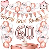 Beainfir 60 Geburtstag Frauen 60 Geburtstag Deko Rosegold Geburtstag Dekoration, 1 Happy 60th Birthday Girlande, 1 Wimpelkette Banner, 36 Latex Luftballons, 4 Folienballons, 1 Tischdecke, 1 Tortendeko