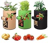 XIAOTU-New-Grow Bag 2021 Kartoffelsack+Erdbeere Pflanzbeutel ,3 Stück 7 Gallonen Atmungsaktiver Gartenpflanzbeutel mit Klappe und Griffen Pflanzbeutel mit 4 Seite Taschen