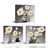Piy Painting 3X Moderner Leinwanddruck, Wandbilder Gardenie Blumen mit Vase Kunstdruck auf Leinwand, Blühende Blumen Bild mit Keilrahmen für Deko Flur Korridor Schlafimmer Wohnzimmer 30x30