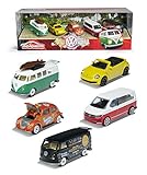 Majorette 212057615 Volkswagen Originals 5er-Geschenkset, Spielzeugautos mit Freilauf aus Metall, zu öffnende Teile, 7,5 cm