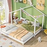 ZYLOYAL10 Hausbett 90/180 x 190cm Holz Kinderbett für Jungen & Mädchen Massivholz Kinder Bett umbaubar Bodenbett mit Lattenrost (Weiß)
