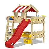 WICKEY Etagenbett CrAzY Circus Kinderbett Hochbett mit Rutsche, Dach und Lattenboden, rote Plane + rote Rutsche, 90x200 cm