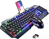 Wireless Gaming-Tastatur und Maus-Set, 2,4 G wiederaufladbare 3800 mAh große Kapazität, Rainbow LED Hintergrundbeleuchtung Gaming-Tastatur + 2400DPI 7-Farben-Atmungs-Hintergrundbeleuchtete Maus