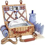 Wicker Picknickkorb Set für 2-4 Person mit Kühlfach und wasserdichte Picknickdecke, Abnehmbarer Riemen, Weinbeutel, Besteck Set, für Camping, Strand, Wandern, BBQ und Familie/Paare Geschenke, Zubehö