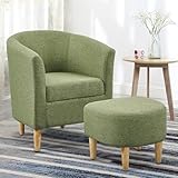 LEUTED Sessel Wohnzimmer, Ohrensessel mit Hocker Grün, gepolsterter Fernsehsessel Leinenstoff Lesesessel bequem, bequemer Einzelsofa Releaxsessel Clubsessel für Schlafzimmer, Wohnung, Bü