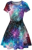 Ocean Plus Damen Sternenhimmel Digitaldruck A-Linien Kurzarmkleid mit Rundhalsausschnitt Kurzärmliges T-Shirt Kleid Swingrock Schaukelrock (XL (EU 38-40), Bunte Galaxie)