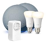 Smart Home Kit: 2x Echo (4. Generation, Blaugrau) + 2x Philips Hue White E27 + 1x Amazon Smart Plug (WLAN-Steckdose)