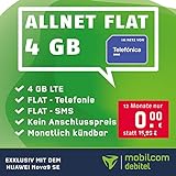 HUAWEI Bundle Exklusiv: Handyvertrag green LTE 4 GB - Internet Flat, Flat Telefonie & SMS in alle Deutschen Netze, EU-Roaming, Monatlich kündbar für 12 Monate nur 0,00€ / Monat