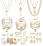 JeryWe 46 Stück Schmucksets für Damen mit 3 PCS Halskette 12 Stück Armbänder 9 Stk. Achsschenkel Ringe 10PCS Ear Cuff Ohrklemme Ohrringe und 12 Stk Vergoldete Ohrringe Schmuck
