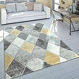 Paco Home Teppich Wohnzimmer Kurzflor Skandinavischer Stil Rauten Grau Gelb Modern, Grösse:160x230 cm