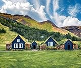 Acryl-Bild 120 x 100 cm: Toller Sommerblick auf typische isländische Häuser mit Torfdach. Bunter Sommermorgen im Dorf Skogar, Südisland, Europa. (140205771)
