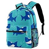 Rucksack Cartoon Blau Hai Tier Süß Meer Schultasche Rucksack Reise Casual Daypack für Frauen Teenager Mädchen Jungen