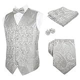 Alizeal Herren Weste Krawatte Hanky Manschettenknöpfe und Fliege Set Paisley Classic 5pc, Silber-S