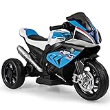 COSTWAY 6V BMW Elektro Motorrad mit Musik und Scheinwerfer, Dreirad Kindermotorrad bis 3km/h, Elektromotorrad mit 2 Stützrädern, geeignet für Kinder ab 3 Jahre alt (Blau)