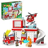 LEGO 10970 DUPLO Feuerwehrwache mit Hubschrauber, Feuerwehr-Spielzeug für Kleinkinder ab 2 Jahre mit Feuerwehrauto
