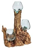 Wogeka - 3er Glas-Vase auf Wurzel-Holz Gamal - im modernen Style aus Holz als Geschenk-Idee zu Weihnachten Geburtstag Dekoration (TRIO10 (Ø Glas 10 cm))