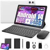 Tablet 10 Zoll 8-in-1 Kit Android 14 Tablet PC mit Hülle Tastatur Maus Stift Kopfhörer Netzstecker Kabel Octa-Core 10 GB RAM 64 GB ROM 1TB TF Erweiterbar 1280x800 IPS Touchscreen 5000 mAh (Weiß)